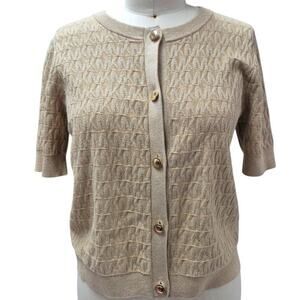 Michael Kors Women Cardigan Sweater All Over Logo Gold Camel Monogram Sz L NWT